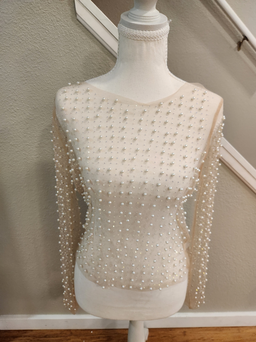 Pearl-Embellished Sheer Long-Sleeve Top - Cream